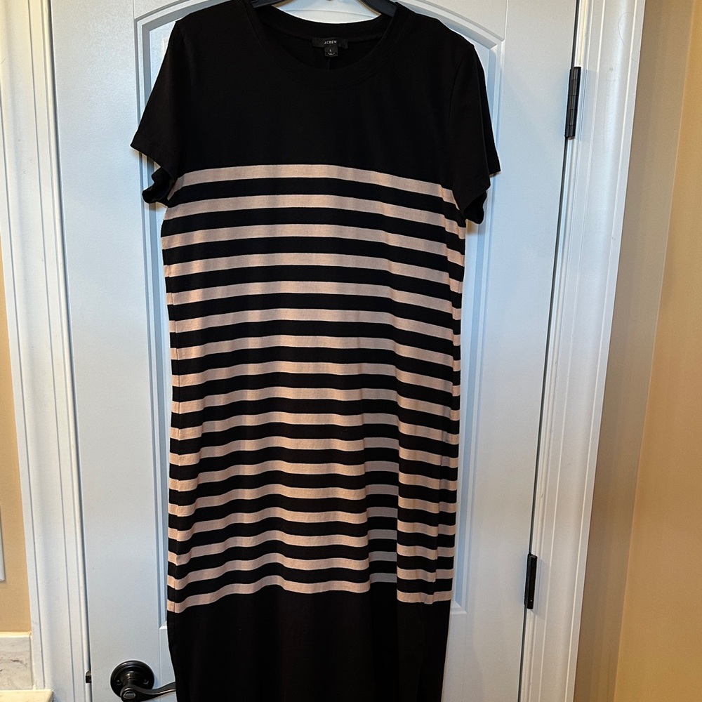 J. Crew Black and Beige Striped Midi Dress